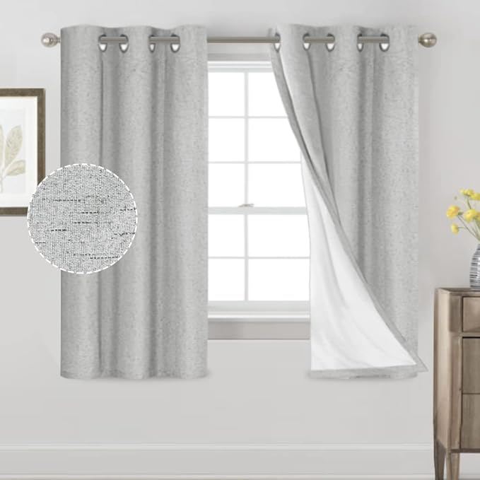 PrinceDeco Linen Texture Curtains Full Blackout Curtains 64 inch Long 2 Panels Set Anti-Rust Grommet Grey Linen Curtains Vertical Drapes Privacy for Bedroom Living Room,42 X 64 Inch, Glacier Grey