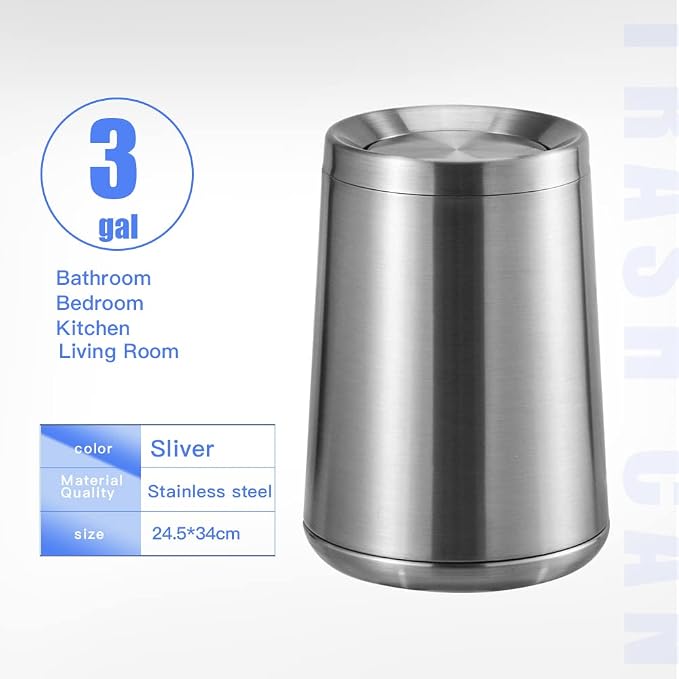 Household Swing Bathroom Trash Can,Brushed Stainless Steel,10 L/3 - Image 9