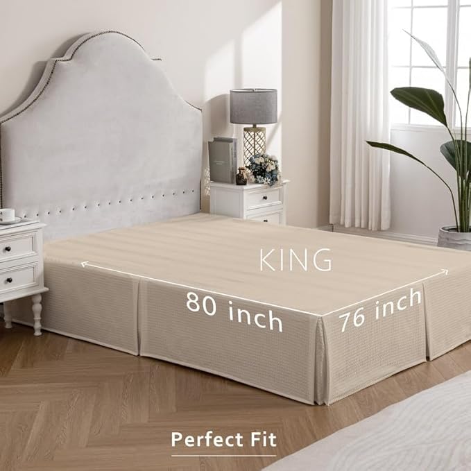 MIYE Pleated Waffle Weave Bed Skirt, Tailored Dust Ruffle 16 Inch Drop Easy Fit, Machine Washable,No Split Corners (Beige, King - 16" Drop)