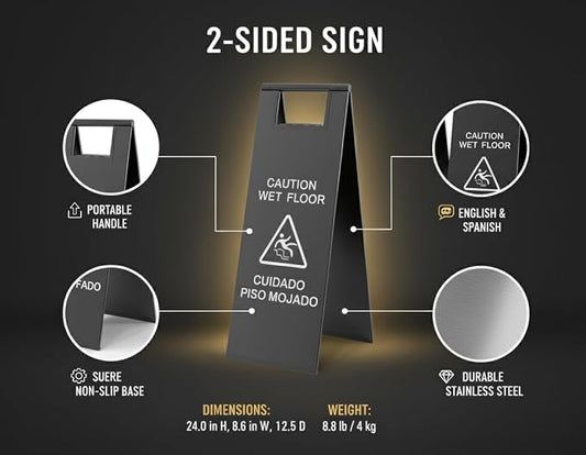 2 Pcs Wet Floor Sign, 24 Inch Black Stainless Steel Caution Wet Floor Sign - Image 2