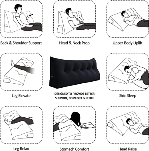 Bed Wedge Headboard Pillow - College Dorm Reading Pillow Back Support While Sitting in Bed - Ergonomic Lumbar Pillow Body Positioning Bed Pillow - Velvet Black 54IN