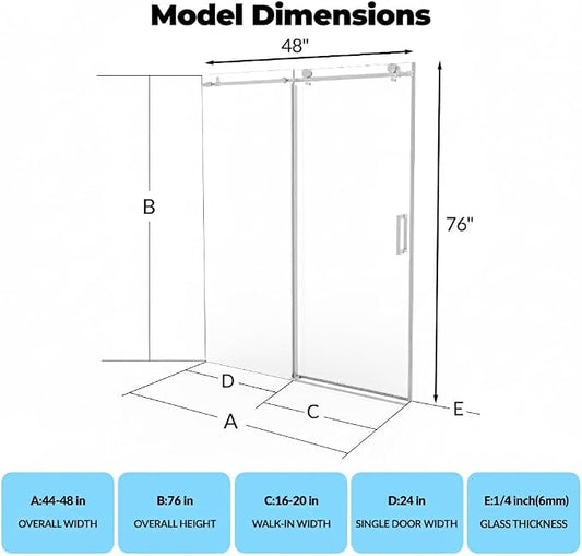 Frameless Sliding Shower Door, Adjustable 44"-48" Width x 76" Height, 6mm SGCC - Image 2