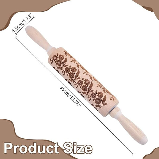 Embossed Wooden Rolling Pin Flower Leaves Print 35cm Rolling Pin - Image 2