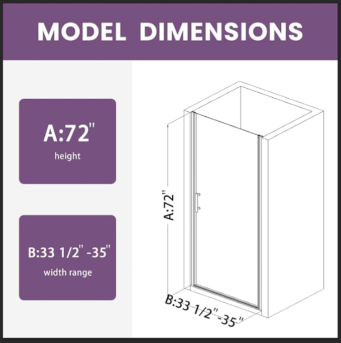 Glass Shower Door 33.5-35" W x 72" H, UCALAFEE Frameless Pivot Shower Door - Image 9