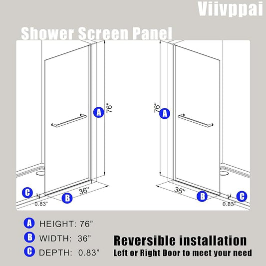 Shower Screen 36" x 76" Half Frameless Shower Wall Panel, Tempered Glass 3/8 - Image 2