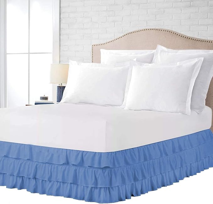 Multi-Ruffle Bed Skirt, Soft Multi Elastic Dust Ruffles with Wrap Around Bed Skirt Easy Fit with 18 Inch Drop 100% Cotton 800 Thread Count (King, Medium Blue)