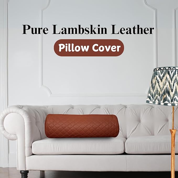 Neck Roll Pillow Cushion Cover, 24x7 Inch Full Moon Round Bolster Pillow Case, Cylinder Soft Lambskin Leather Pillowcase for Head, Spine & Neck Support During Sleep - Quilted Brown Pack of 1
