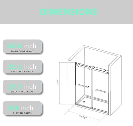 Brushed Nickel Frameless Double Sliding Shower Door 56-60'' W x 62'' H - Image 2
