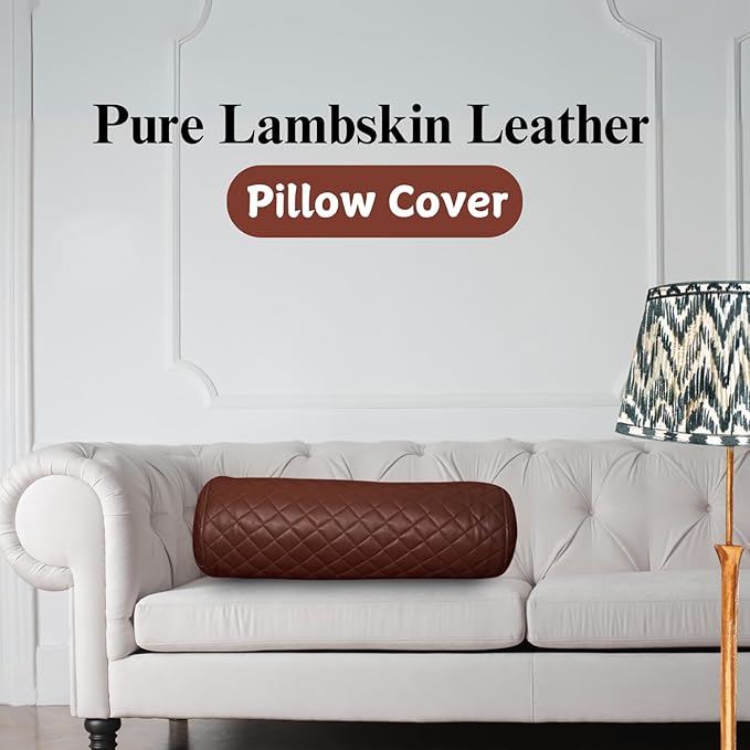 Neck Roll Pillow Cushion Cover, 14x6 Inch Full Moon Round Bolster Pillow Case, Cylinder Soft Lambskin Leather Pillowcase for Head, Spine & Neck Support During Sleep - Quilted Chocolate Brown Pack of 1