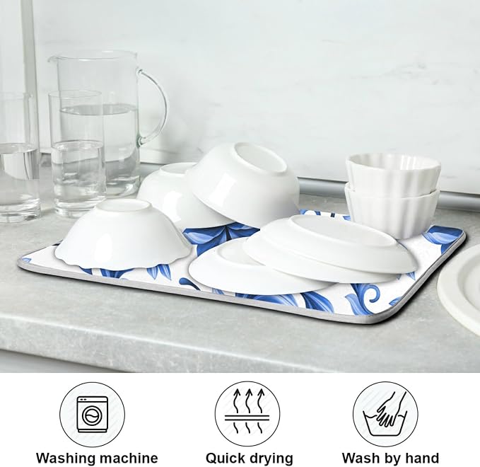 Tarity Blue Flowers White Dish Drying Mat - Image 7