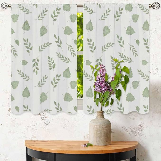 Green Botanical Kitchen Curtains Watercolor Green Leaves and Branches Nature - Image 7