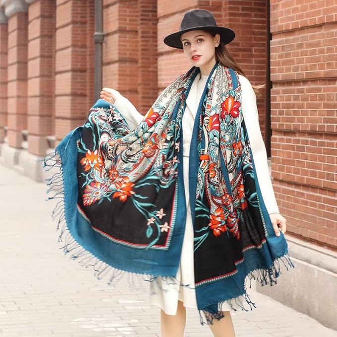 DANA XU 100% Merino Wool Pashmina Shawl for Women 96"x43", Oversized Cashmere Wrap with Tassels, Floral Travel Blanket Cape