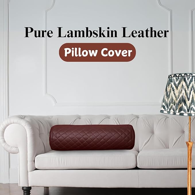 Neck Roll Pillow Cushion Cover, 18x5 Inch Full Moon Round Bolster Pillow Case, Cylinder Soft Lambskin Leather Pillowcase for Head, Spine & Neck Support During Sleep - Quilted Dark Brown Pack of 1