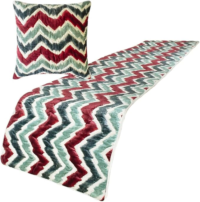 The HomeCentric King/Queen/Twin Red & Blue Designer Queen 74"x18" Bed Runner with Two Pillow Cover, Chevron & Quilted Bed Scarf on Suede Fabric - Chevron Symphony
