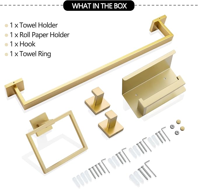 TNOMS 5-Piece Bathroom Hardware Set 23.6 Inch Gold Towel Bar Set Towel Bar - Image 7