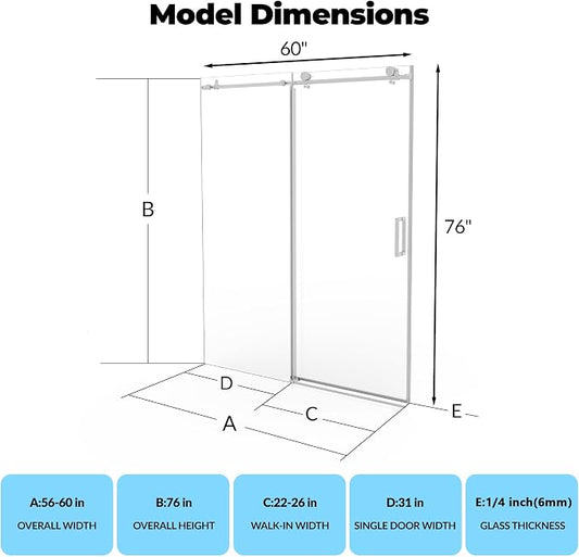 Frameless Sliding Shower Door, Adjustable 56"-60" W x 76" H - Image 2