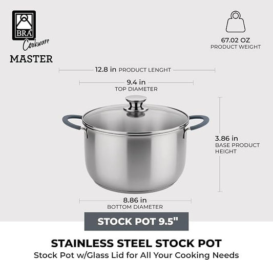 BRA COOKWARE Master Stainless Steel Stock Pot w/Glass Lid | 9.5 Inch 4 Quart - Image 2