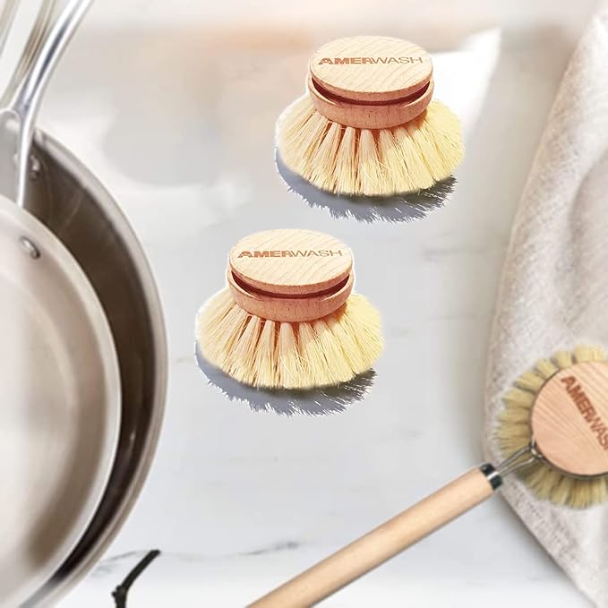 Classic Dish Brush Replacement Head 3 Packs, Natural Bristle Tampico Fiber - Image 7