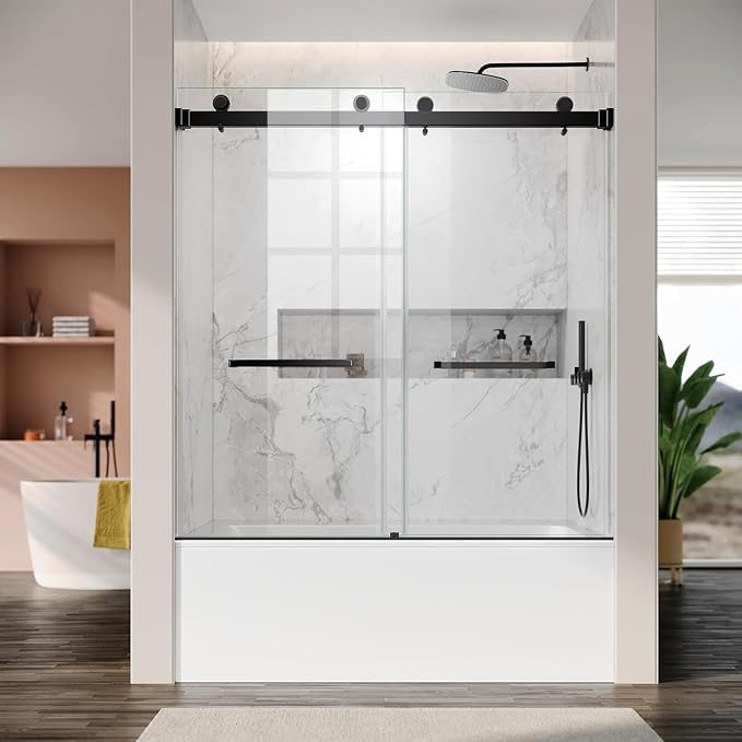 Frameless Double Sliding Shower Door 56-60'' W x 62'' H, Matte Black Stainless - Image 9