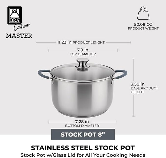 BRA COOKWARE Master Stainless Steel Stock Pot w/Glass Lid | 8 Inch 2.4 Quart - Image 2