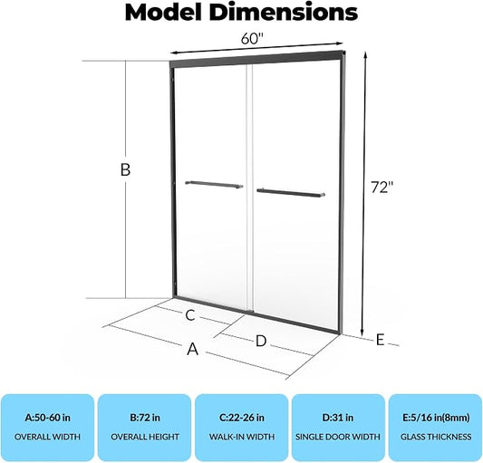 Sliding Shower Door 50-60" Adjustable Width x 72" Height, Bypass Space-Saving - Image 2