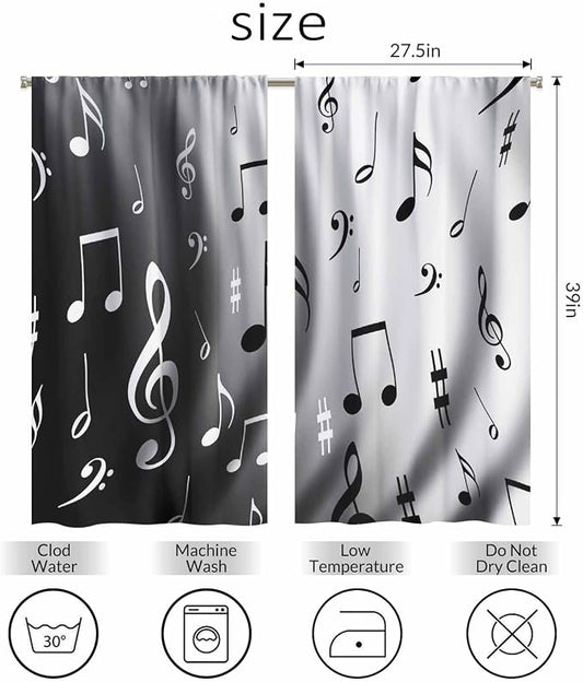 Modern Kitchen Curtains Black and White Music Notes Dancing Short Tier Curtains - Image 2
