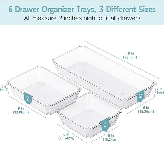 6 Pack Large Clear Plastic Drawer Organizer Trays, Desk Drawer Organizers and - Image 2