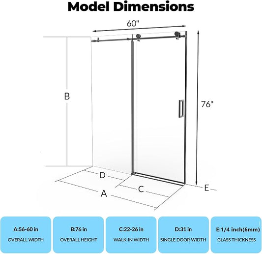 Frameless Shower Door, Adjustable 56"-60" Width x 76" Height, 6mm SGCC Tempered - Image 2