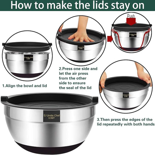 Umite Chef Mixing Bowls with Airtight Lids,6 piece Stainless Steel Metal - Image 2