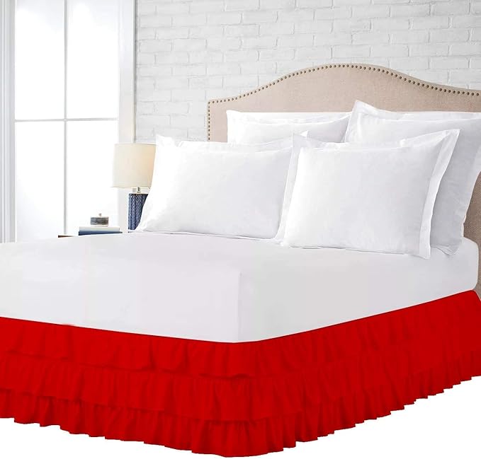 Multi-Ruffle Bed Skirt, Soft Multi Ruffle Bed Skirt Elastic Dust Ruffles with Wrap Around Bed Skirt Easy Fit with 18 Inch Drop 100% Cotton 800 Thread Count Bed Skirt (Full, Red)