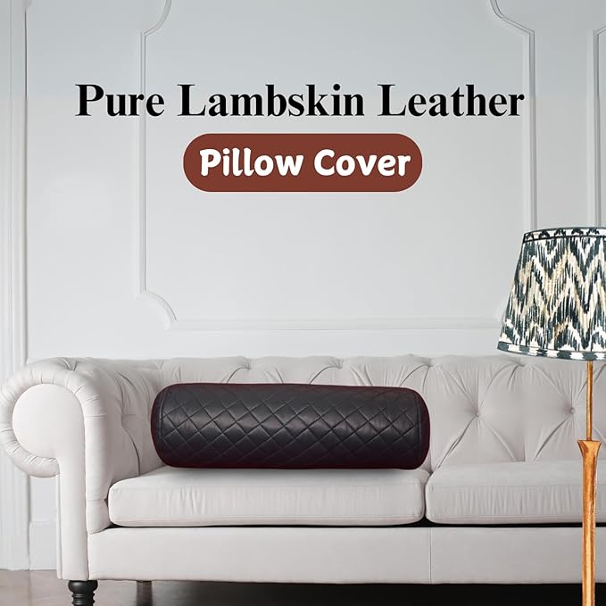 Neck Roll Pillow Cushion Cover, 22x7 Inch Full Moon Round Bolster Pillow Case, Cylinder Soft Lambskin Leather Pillowcase for Head, Spine & Neck Support During Sleep - Quilted Gun Metal Blue Pack of 2