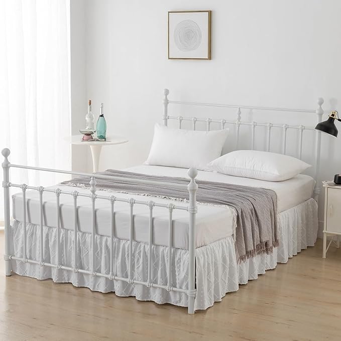 Bed Skirt Queen Size Ruffled Bed Skirt with Split Corners, 18 Inch Drop Dust Ruffle Bed Skirts with Platform, Boho Tufted Shabby Chic Queen Size Bed Skirts, White