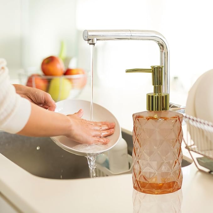 Glass Soap Dispenser with Gold Plastic Pump, 12oz Refillable Liquid Hand Soap - Image 6
