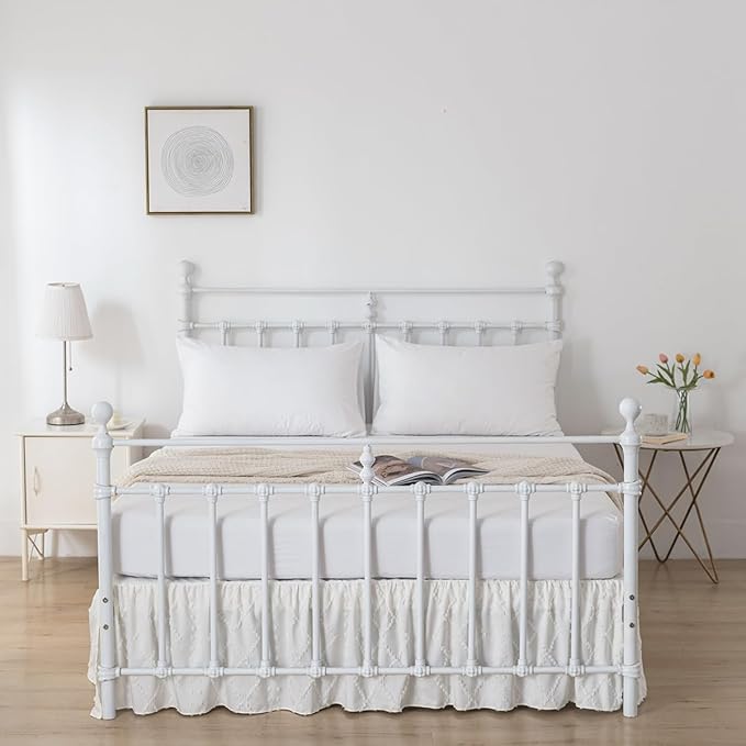 Bed Skirt Queen Size Ruffled Bed Skirt with Split Corners, 14 Inch Drop Dust Ruffle Bed Skirts with Platform, Boho Tufted Shabby Chic Queen Size Bed Skirts, Ivory