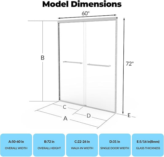 Aluminum Alloy Sliding Shower Door, Adjustable 50"-60" W x 72" H - Image 2