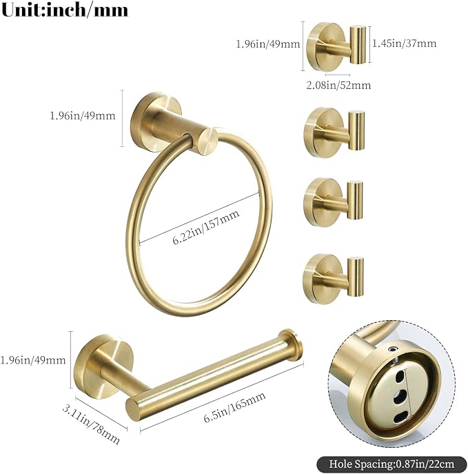 Brushed Gold Bathroom Hardware Set, 6 Pieces - Image 7