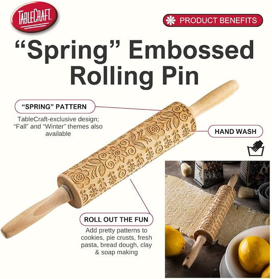 TableCraft Embossed Beech Wood Rolling Pin – 15.25 Inches, Spring Floral Imprint - Image 2