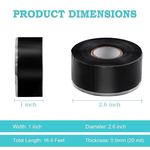 Self Fusing Silicone Tape 1 in x 16.4' Black Waterproof Rubber Leak Proof - Image 2