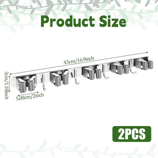 2 Pack Wall Mount Broom Holder, Self Adhesive 5 Racks and 4 Hooks Mop and Broom - Image 2