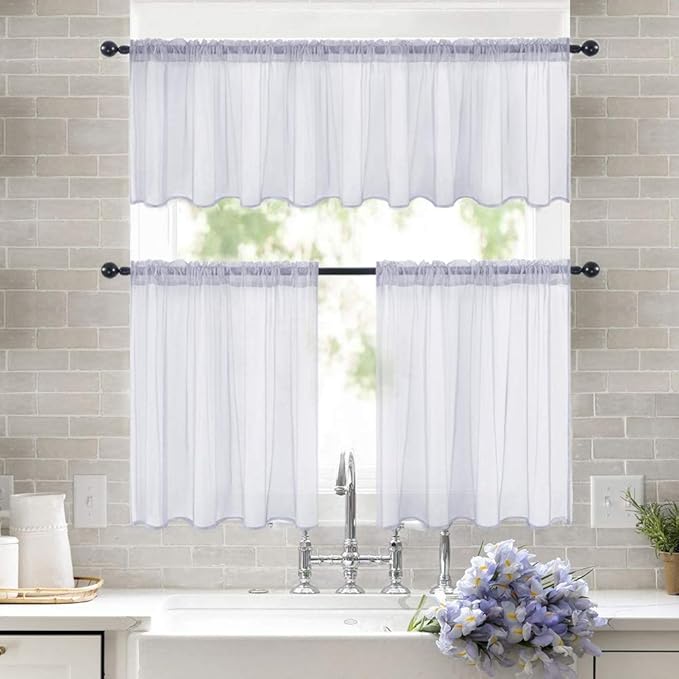 MIULEE 2 Panels Kitchen Tiers Half Window Sheer Curtains Rod Pocket Translucent Voile Drapes for Kitchen Bathroom Small Windows 29 by 24 Inch Greyish Lilac