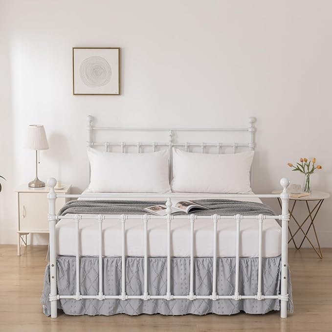 Bed Skirt Full Size Ruffled Bed Skirt with Split Corners, 14 Inch Drop Dust Ruffle Bed Skirts with Platform, Boho Tufted Shabby Chic Full Size Bed Skirts, Light Grey