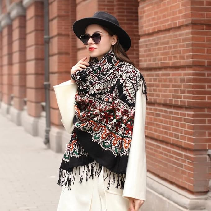 DANA XU 100% Merino Wool Extra Large Pashmina Blanket Travel Scarf Cashmere Wrap for Women Fall Winter Oversize Shawl Floral