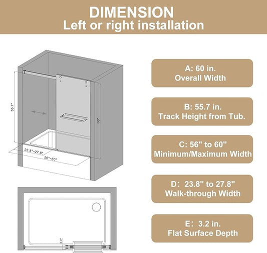 56-60" W x 60" H Double Sliding Bathtub Shower Door, 5/16" Tempered Glass - Image 2