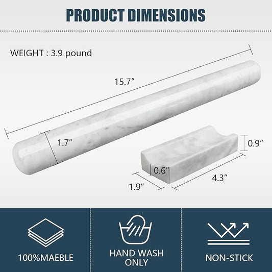 Marble Rolling Pin with Stand, 15.7" White Stone French Heavy Polished Non - Image 2