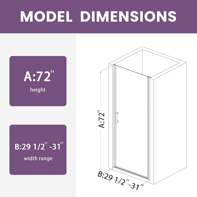 Glass Shower Door 29.5-31" W x 72" H, UCALAFEE Frameless Pivot Shower Door - Image 9