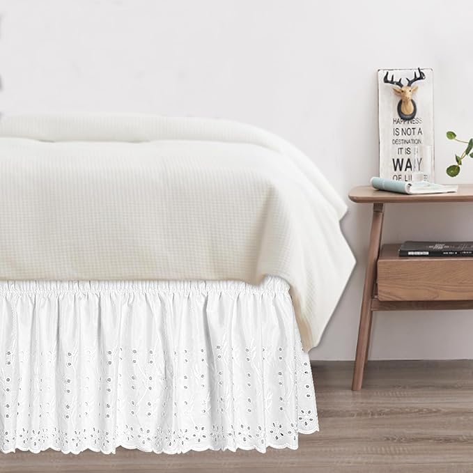 King Bed Skirt, Wrap-Around Elastic Ruffled Eyelet Bed Skirt King Size Dust Ruffle with Gathered Styling and Embroidered Details, 18" Drop Length (White)