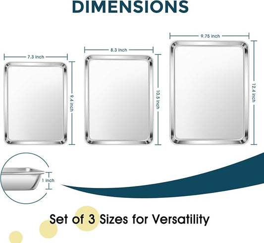 E-far Stainless Steel Baking Sheet Set of 3, 12.4”/10.5” /9.4” Cookie Sheet - Image 2