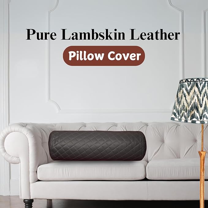 Neck Roll Pillow Cushion Cover, 22x6 Inch Full Moon Round Bolster Pillow Case, Cylinder Soft Lambskin Leather Pillowcase for Head, Spine & Neck Support During Sleep - Quilted Charcoal Grey Pack of 1