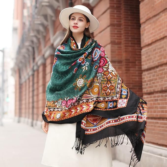 DANA XU 100% Merino Wool Pashmina Shawl for Women 96"x43", Oversized Cashmere Wrap with Tassels, Floral Travel Blanket Cape