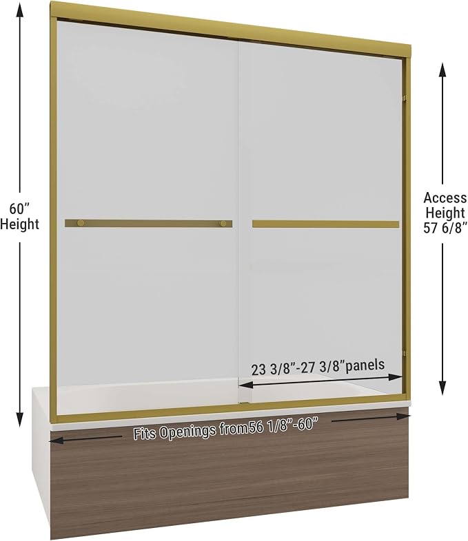 Tub Shower Door 56-60" W x 60" H, Brushed Gold Bathtub Door - Image 6